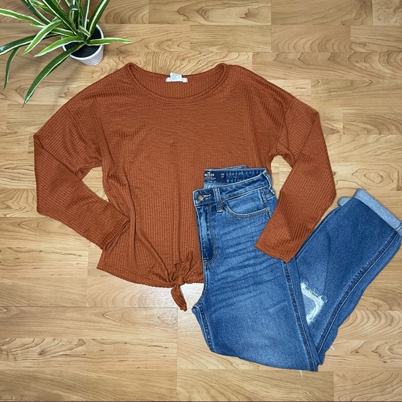 Caution To The Wind Sweaters - Caution to the Wind Women’s Burnt Orange Waffle Knit Front Tie Sweater Small